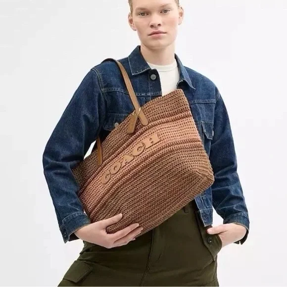 NWT COACH Straw and smooth leather City Tote Bag CBG87 Im/Honey Brown Multi - Picture 5 of 11